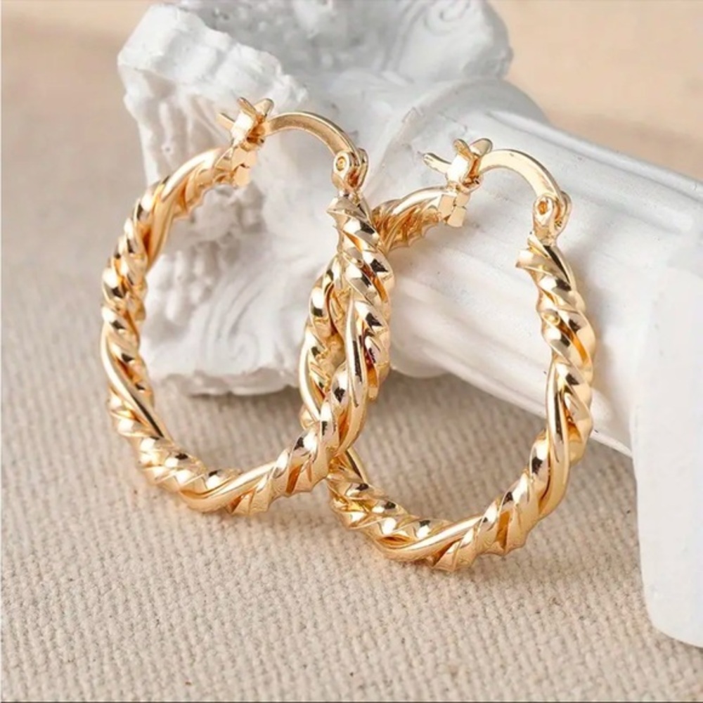 Gold Plated in 14k Twisted Hoop Earrings Classic Rope Style Statement Jewelry